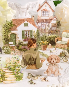 Détail d'autocollants PET vintage avec chalets, chiens et papillons de campagne