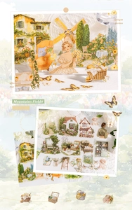 Détails d'autocollants PET vintage style campagne avec maisons rustiques et jardins