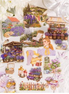 Détail des autocollants PET illustrant des champs de lavande et cottages vintage