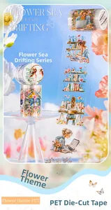 Detail of Flower Sea Drifting PET tape featuring floral and girl illustrations on blue sky