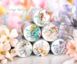 Package display of six floral theme PET tapes with colorful illustrations for journaling