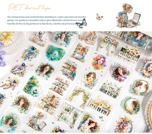 Detail of PET die-cut tape featuring watercolor floral illustrations and scenery