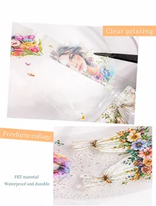 Macro detail of waterproof PET floral stickers featuring elegant portrait illustrations
