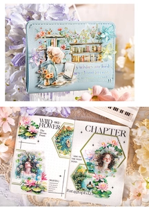Detail view of floral PET tape and blue storage case for scrapbook art journaling