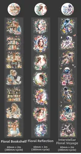 Detailed views of 60mm floral PET tape with artistic girl and astronaut illustrations