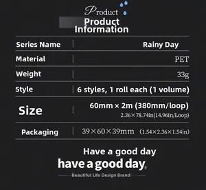 Rainy Day serie PET-tape specificaties met details over 60mm breedte en 2m lengte