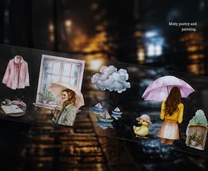 Adesivi in PET dettagliati con temi di pioggia ad acquerello per scrapbooking e fai da te