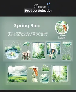 Specificaties van PET-tape met regenthema, handgetekende meisjes en plantenillustraties