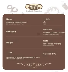 Specifiche dettagliate degli adesivi in PVC con materiale e dimensioni per scrapbooking