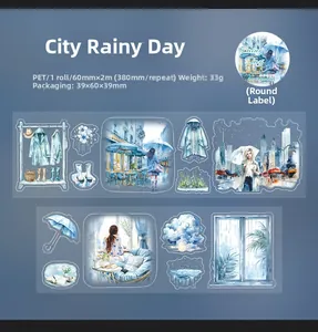 Macro-opname van City Rainy Day PET-decotape met aquarelillustraties van straatscènes