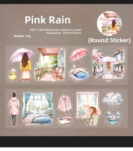 Detail van Pink Drizzle PET-tape met aquarelmeisje in de regen en huiselijke scènes