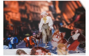 Dettaglio macro di adesivi vintage con donne alla moda e cani per decorazioni fai-da-te