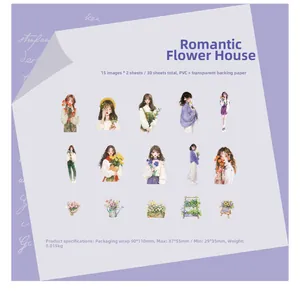 Dettaglio di 15 diversi adesivi in PVC con motivi floreali e ragazze per scrapbooking