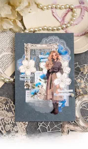 Detail of vintage collage card featuring retro girl illustrations and hollowed-out flowers