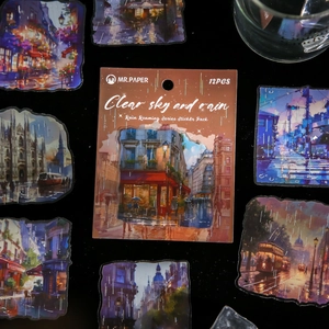 Set di 12 adesivi decorativi serie paesaggio urbano sotto la pioggia per scrapbooking DIY