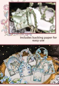 Detail of vintage floral hollow-out stickers with easy-peel backing on elegant background