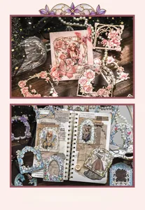 Close-up of vintage flower and fairy stickers with decorative borders for scrapbooking