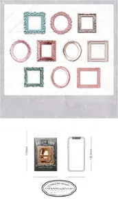 Detail showing 10 retro hollow relief card designs and size comparison with a phone