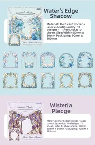 Macro detail of laser-cut hollow card stickers with blue and purple floral glass patterns