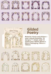 Detail of laser-cut vintage floral frame stickers in purple and champagne gold tones