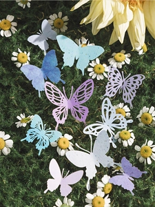 Vue macro de papillons en papier ajouré colorés sur mousse avec des fleurs de marguerites