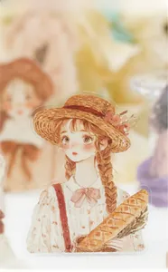 Detail of transparent PET sticker featuring a watercolor girl with a baguette
