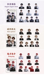 Detailed view of anime character sticker sets in elegant suits and cool styles for journaling