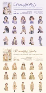 Detail of vintage PET girl character stickers in Dreamy Purple and Autumn Leaf styles