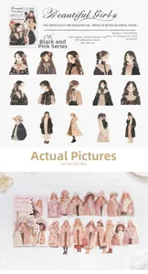 Detailed view of vintage girl PET stickers with lace and dry flowers background