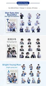 Detail view of 3 sets of anime boy PET stickers featuring waterproof decorative designs