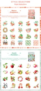 Detail view of floral and fruit theme waterproof PET stickers in colorful grid packaging