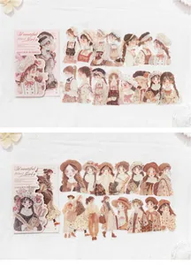 Detail of vintage hand-drawn girl character PET stickers for DIY scrapbooking