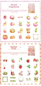 Detail view of botanical PET sticker boxes showing Peach and Rabbit theme patterns