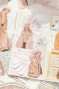 Macro view of INS style girl illustration PET stickers with warm winter coats and lace edges