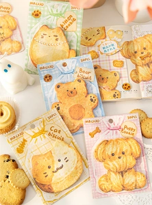 Detail of cute animal cookie-shaped sticky notes for DIY scrapbooking decoration
