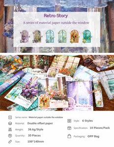 Macro detail of Retro Story window scenery paper for scrapbooking and DIY journals