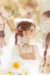 Macro shot of cute PET girl sticker on white pedestal with soft floral background