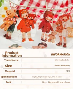 Details von Vintage PET-Aufklebern mit Mädchen und Teddybären inklusive Größenangaben