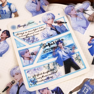 Retro idol stickers set featuring anime characters on grid notebook for DIY journaling