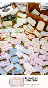 Detailed view of 25 unique vintage stationery stickers featuring retro typewriter motifs