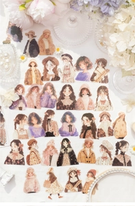 Macro view of vintage aesthetic girl PET stickers for DIY scrapbooking and journal decoration