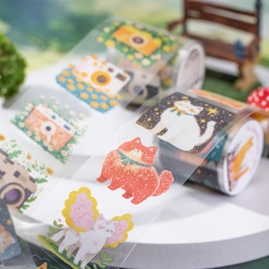 Cinta PET de gatos lindos y cámaras retro para scrapbooking en una escena de jardín