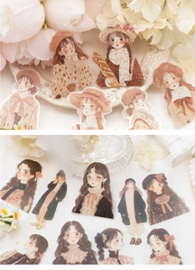 Detailed view of vintage girl character PET stickers for scrapbooking and DIY crafts