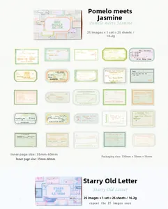 Detail view of 25-piece vintage scrapbooking stickers with botanical and retro label designs