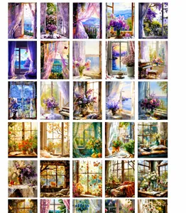 Detailed catalog of 30 retro window-themed scrapbooking papers with floral oil painting art