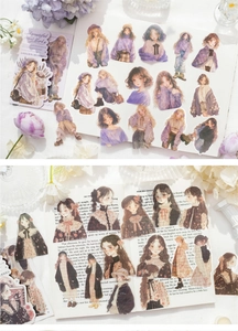 Retro girl stickers for journaling on vintage book pages with purple flowers decor