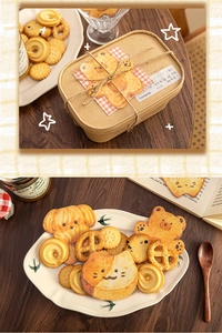 Detail of cute animal cookie-shaped sticky notes with rustic gift packaging and twine