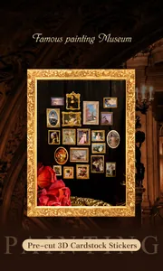 Close-up of 3D embossed card stickers featuring classic museum paintings in gold frames