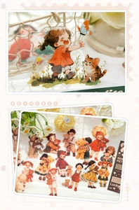 Detailed view of cute anime PET stickers featuring kids and pets for scrapbook decor