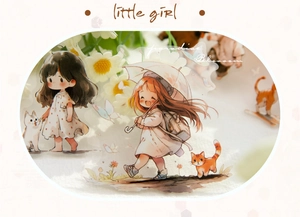 Detailed PET stickers showing cute hand-drawn girls and cats for DIY journaling